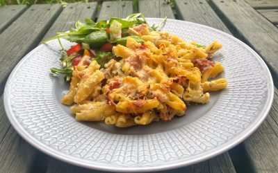 Pastagratäng med pancetta och champinjoner