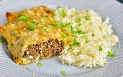 Filodegsrullar med getost, ris och tzatziki