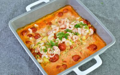 Fiskgratäng med tomat, dill och räkor